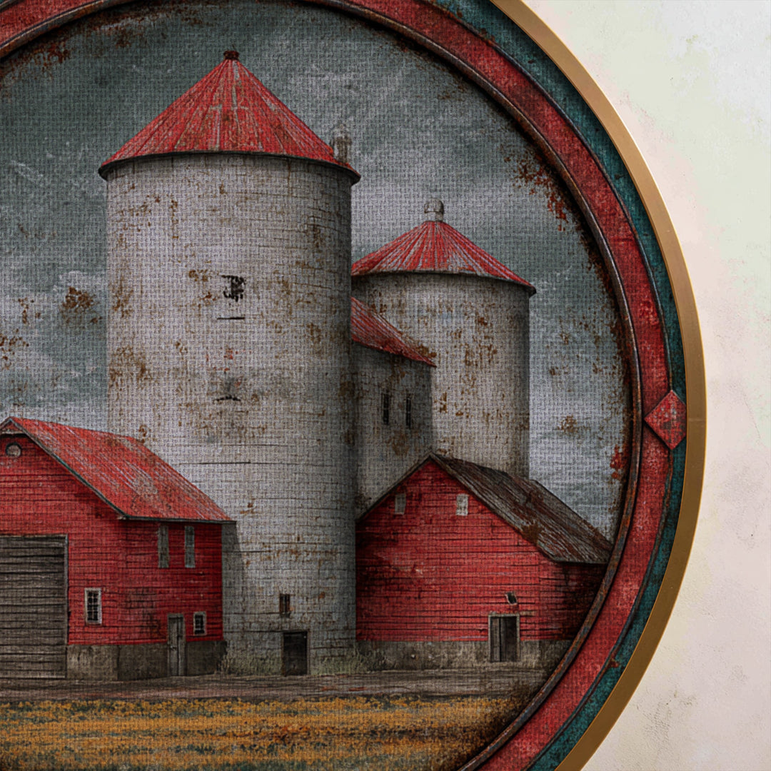 Rustic Red Barn and Silos Landscape Round Canvas Print – Vintage Farm Wall Art