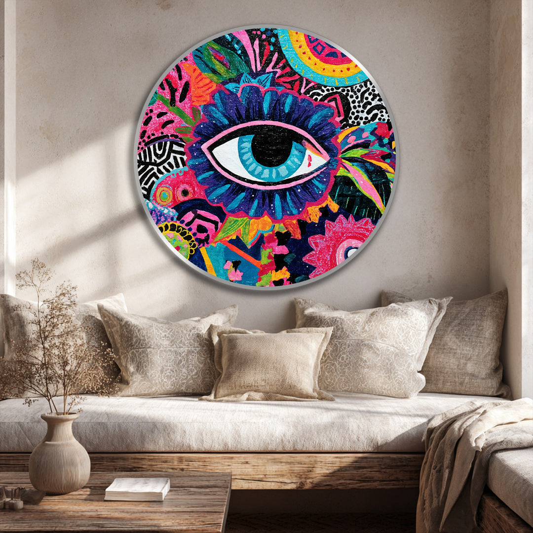 Vivid Mystic Eye – Colorful Abstract Round Oil Painting
