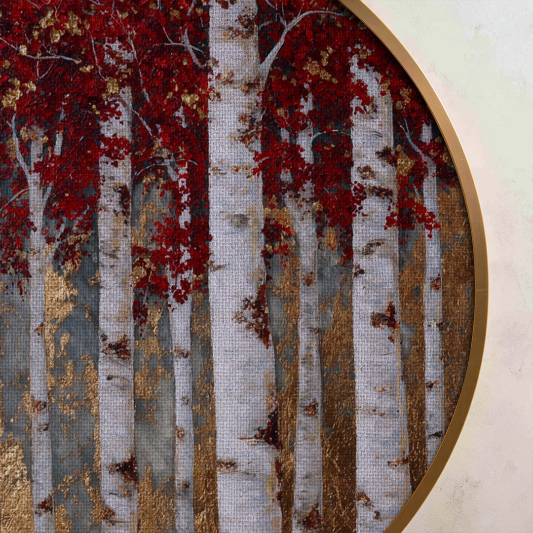 Golden Birch Forest Round Canvas Print – Red Leaves Nature Wall Art