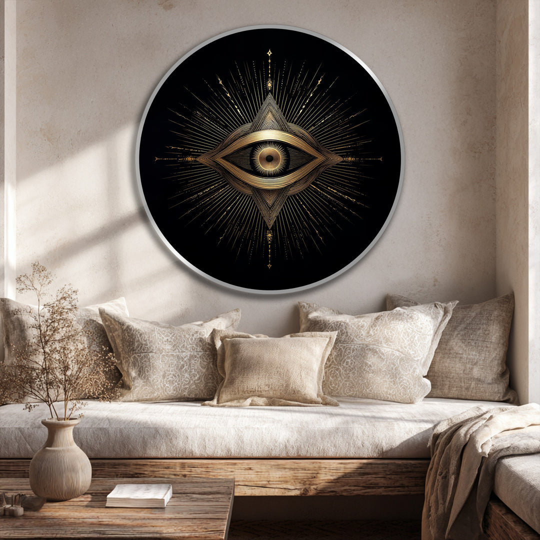 Ojo Sagrado Radiante – Redondo Geométrico Dorado Cuadro al óleo