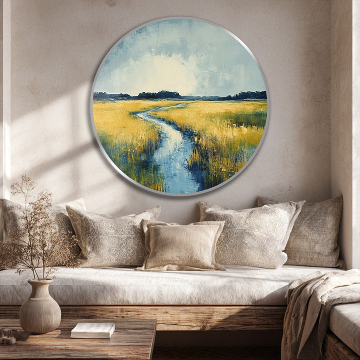 Depth is emphasized by the golden horizon serene meadow river round oil painting wall art, creating layers that draw the eye into a peaceful landscape.