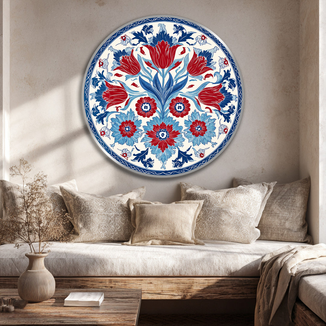 Shadows define the deepest part of this vibrant Ottoman floral motif round oil painting, accentuating the oil painting decoration and details in the artwork.