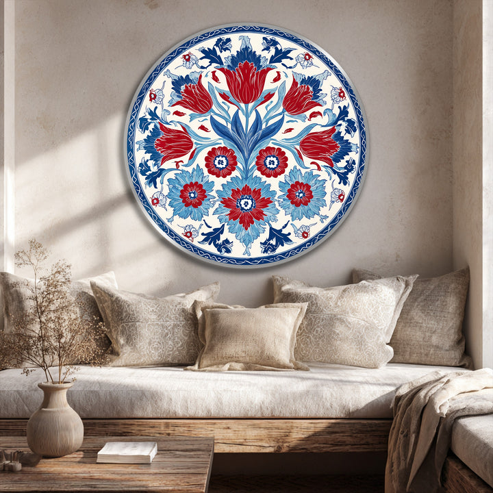 Shadows define the deepest part of this vibrant Ottoman floral motif round oil painting, accentuating the oil painting decoration and details in the artwork.