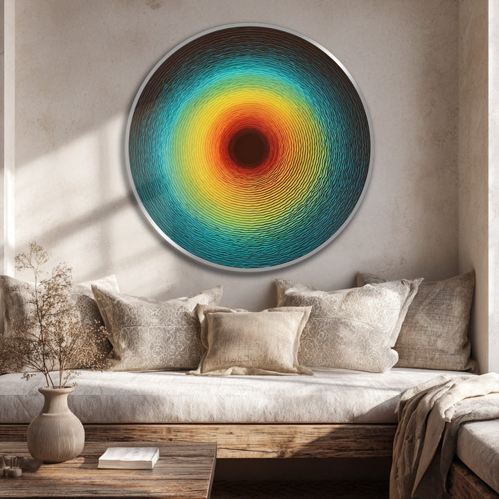 The layering effect is prominent in this round abstract oil painting artwork, where radiant concentric rings build a solar pulse with textural depth.