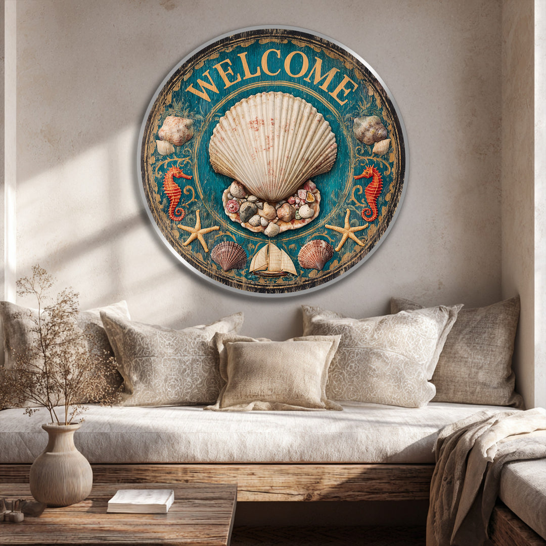 Warm color temperature highlights the vintage coastal welcome shell round oil painting art piece with bright starfish and seahorses creating a relaxing ambience.
