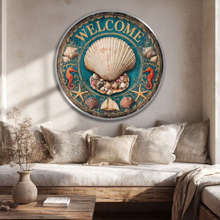 Warm color temperature highlights the vintage coastal welcome shell round oil painting art piece with bright starfish and seahorses creating a relaxing ambience.