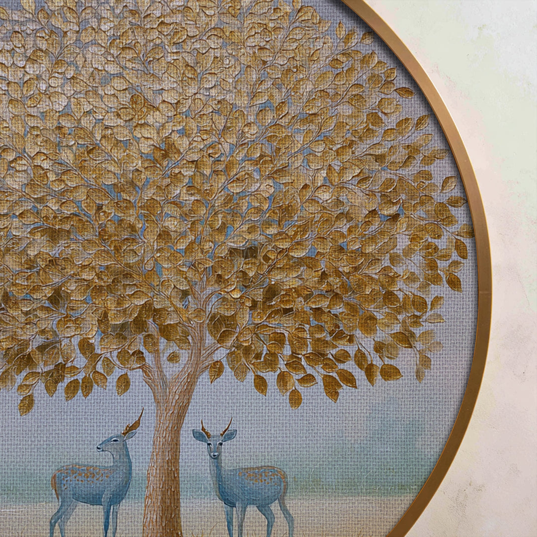 Golden Tree with Deer Round Canvas Print – Elegant Nature Wildlife Wall Art