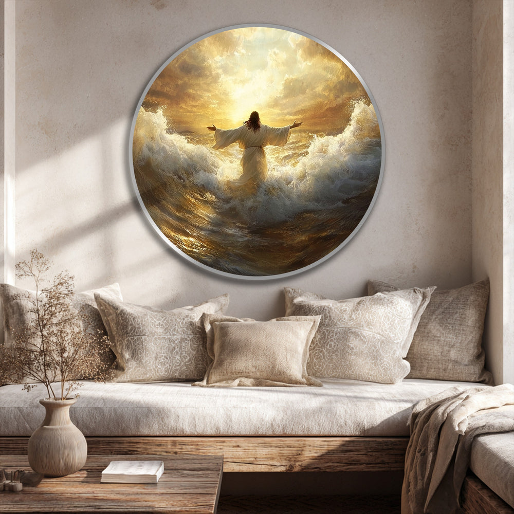 Layering depth creates a captivating effect in this radiant faith oil painting artwork, showcasing a figure amidst golden sunrise and turbulent waves.