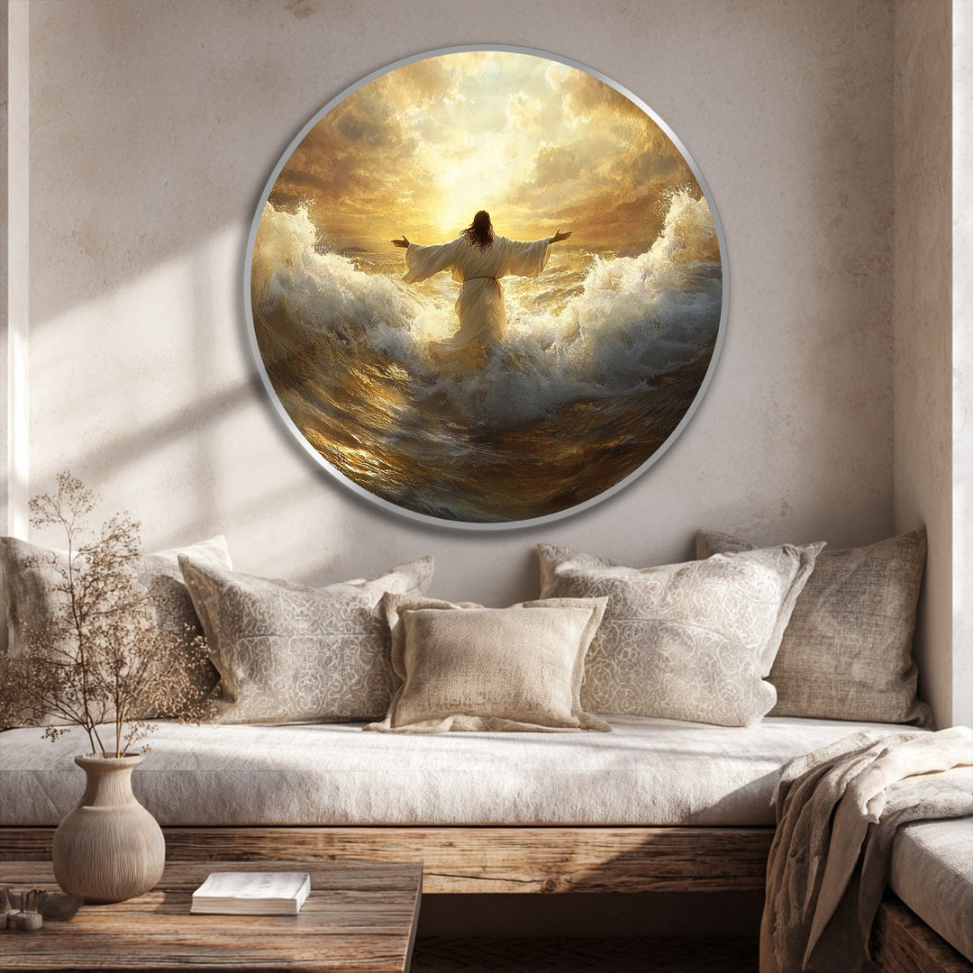 Layering depth creates a captivating effect in this radiant faith oil painting artwork, showcasing a figure amidst golden sunrise and turbulent waves.