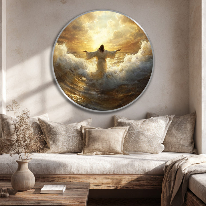 Layering depth creates a captivating effect in this radiant faith oil painting artwork, showcasing a figure amidst golden sunrise and turbulent waves.