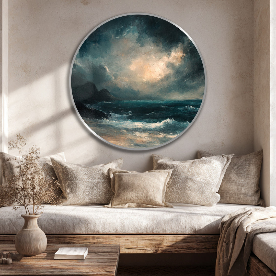Layers of dramatic depth define this stormy seascape round oil painting, creating luminous oil painting art prints featuring a turbulent sea beneath a dynamic sky.