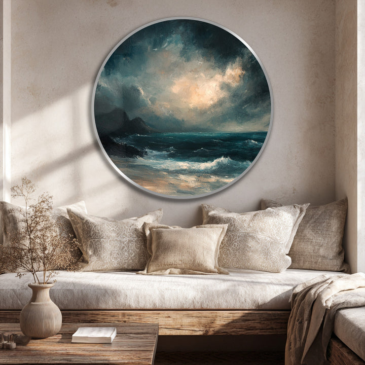 Layers of dramatic depth define this stormy seascape round oil painting, creating luminous oil painting art prints featuring a turbulent sea beneath a dynamic sky.