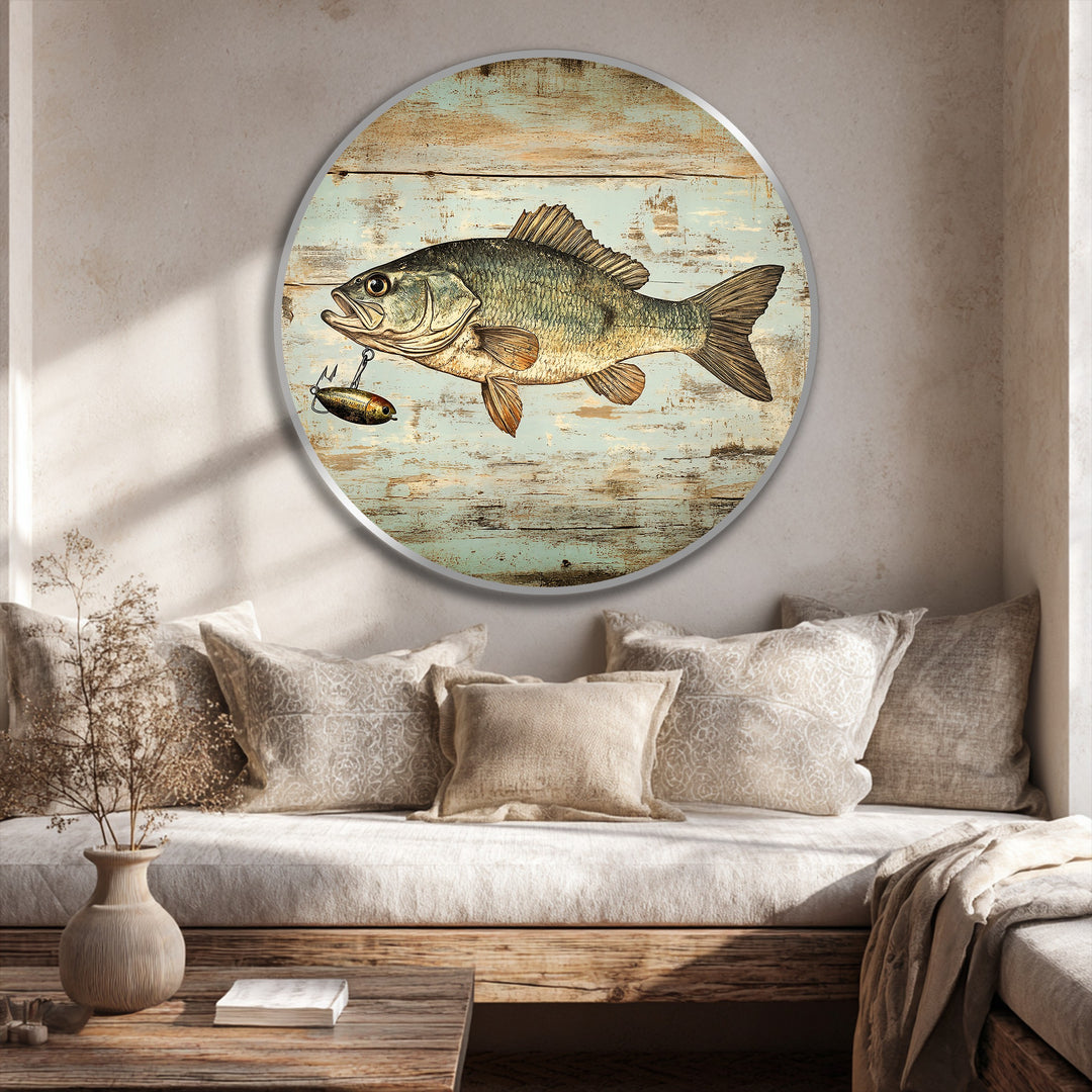 Rustic Catch – Pez lubina redondo vintage Cuadro al óleo