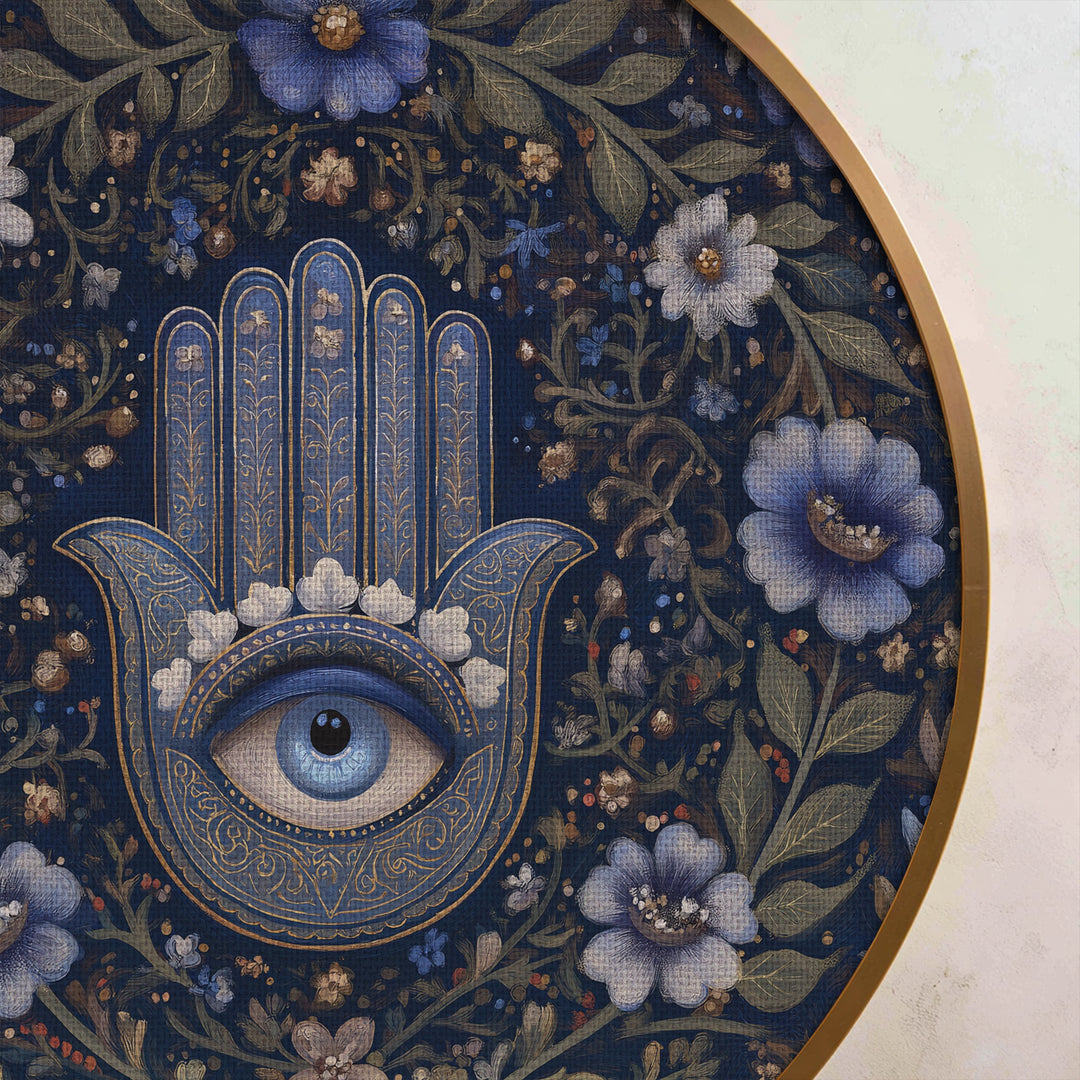 Floral Hamsa Eye Round Canvas Print – Elegant Spiritual Botanical Wall Art
