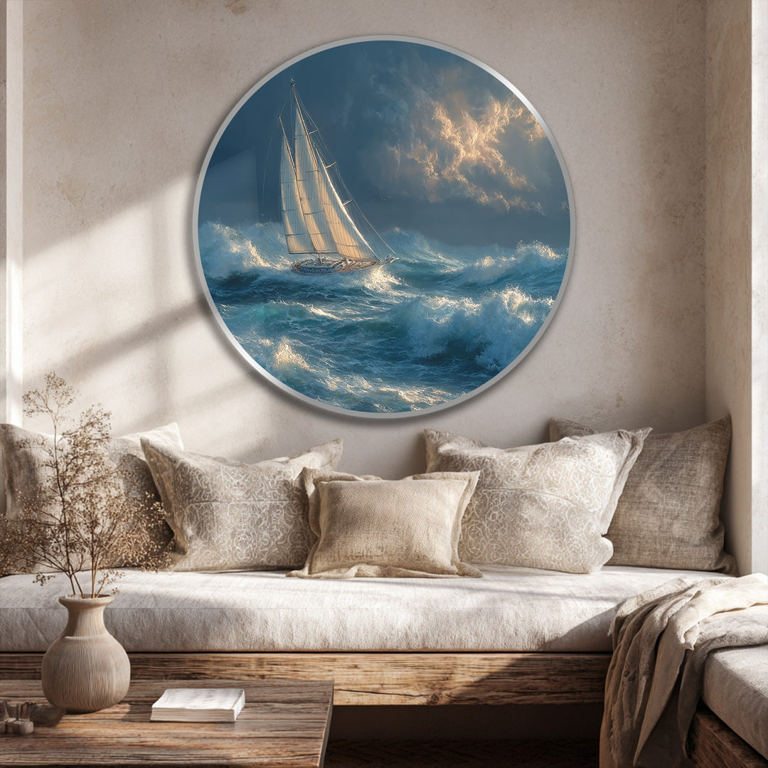 Dominantly azure, a modern oil painting art piece presents a round canvas depicting a sailboat battling a storm, its white sails contrasting the turbulent waves.