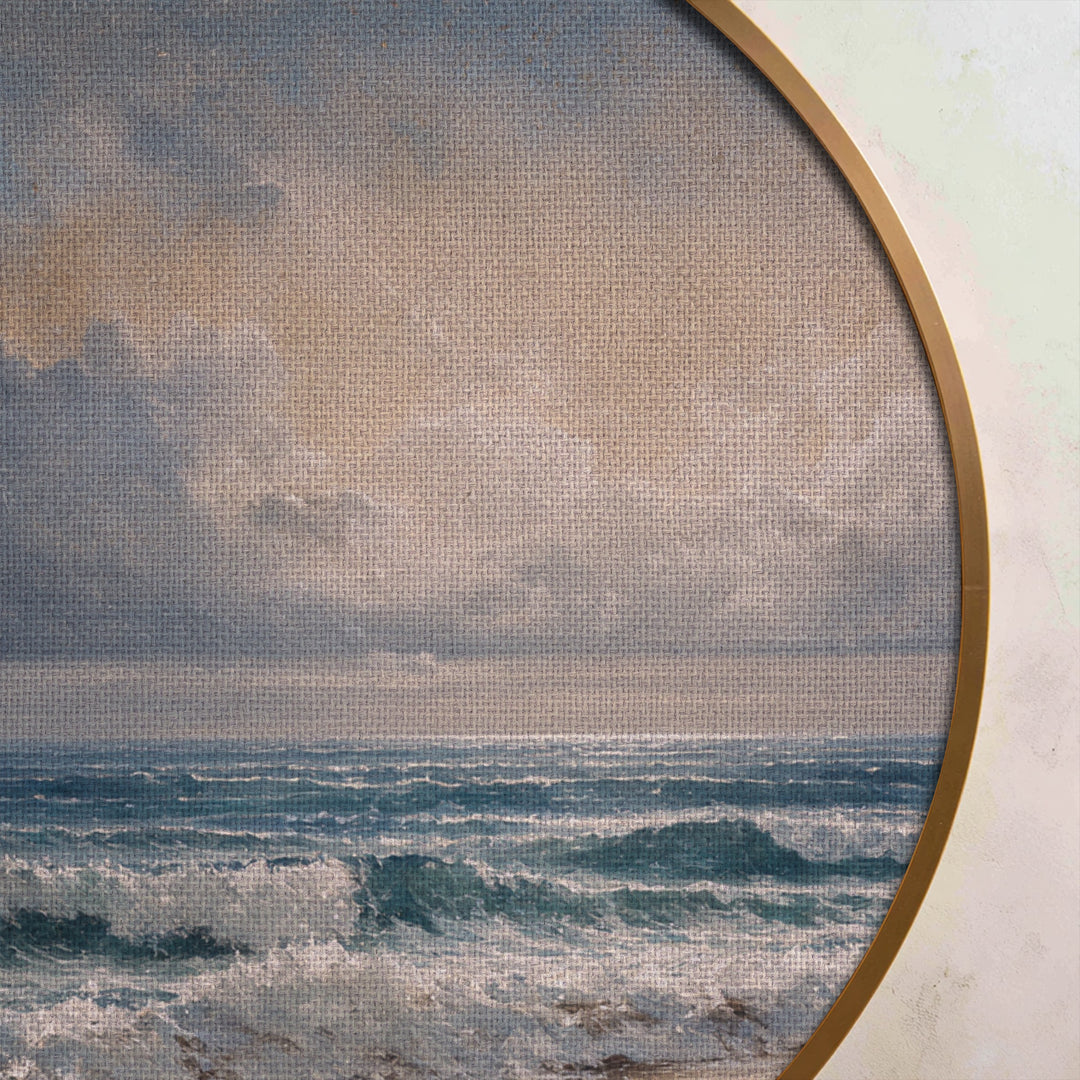 Impression sur toile ronde « Vagues côtières et rivage sablonneux » –Paysage marin classique