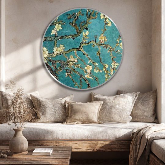 Featuring a neutral-toned wall backdrop, the blossoms in this oil painting reproduction print flourish with elegance against a tranquil sky in this circular art piece.