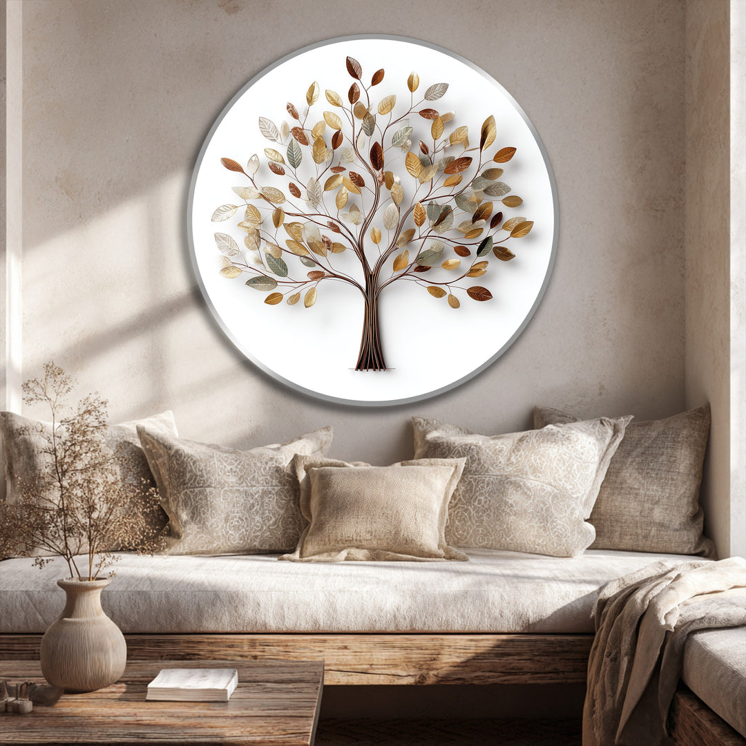 Subtle organic forms enhance the elegant round golden leaf tree with natural beauty in this captivating oil painting artwork.