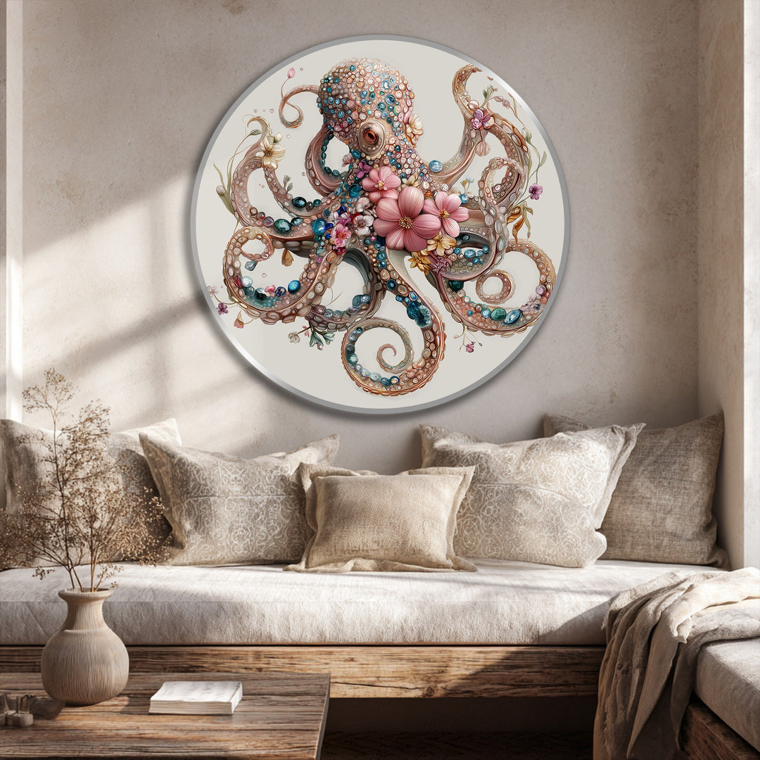 Beige dominates this floral jeweled octopus round oil painting, providing a serene backdrop that enhances its intricate details, perfect for sophisticated oil painting art prints.