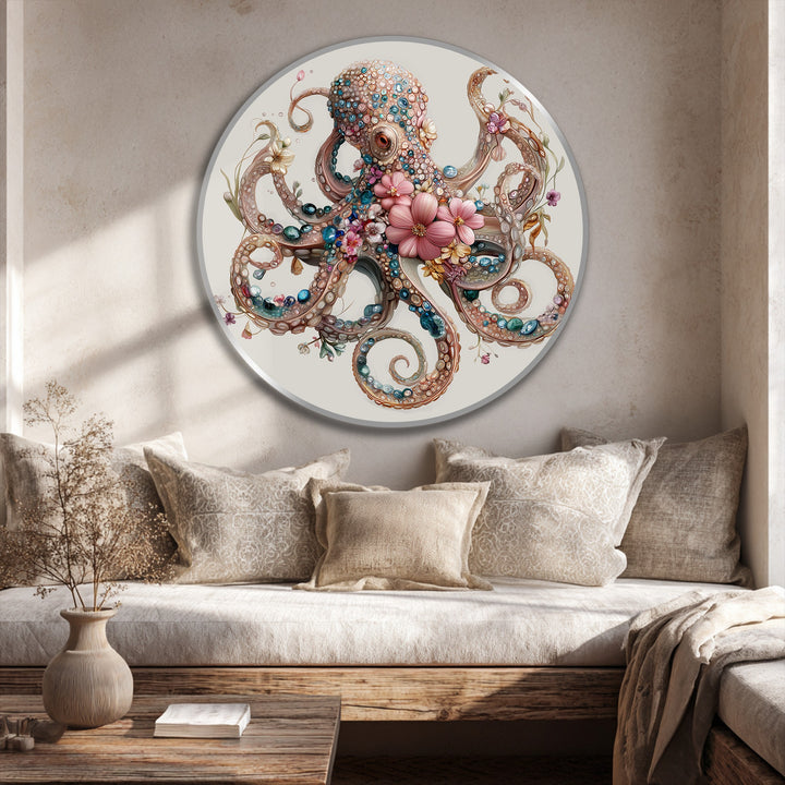Beige dominates this floral jeweled octopus round oil painting, providing a serene backdrop that enhances its intricate details, perfect for sophisticated oil painting art prints.