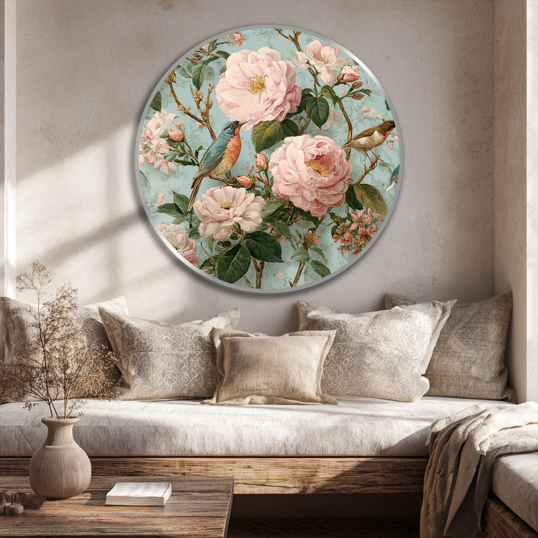 The masterful layering effect showcases depth in this blossoming garden with songbirds round oil painting reproduction print, creating a rich, textured visual experience.