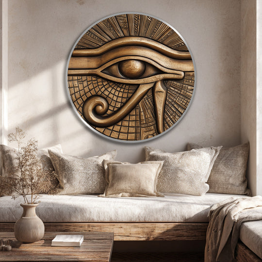 Circular ancient vision oil painting art prints of an Egyptian eye features a horizontal orientation and intricate wood carving details.