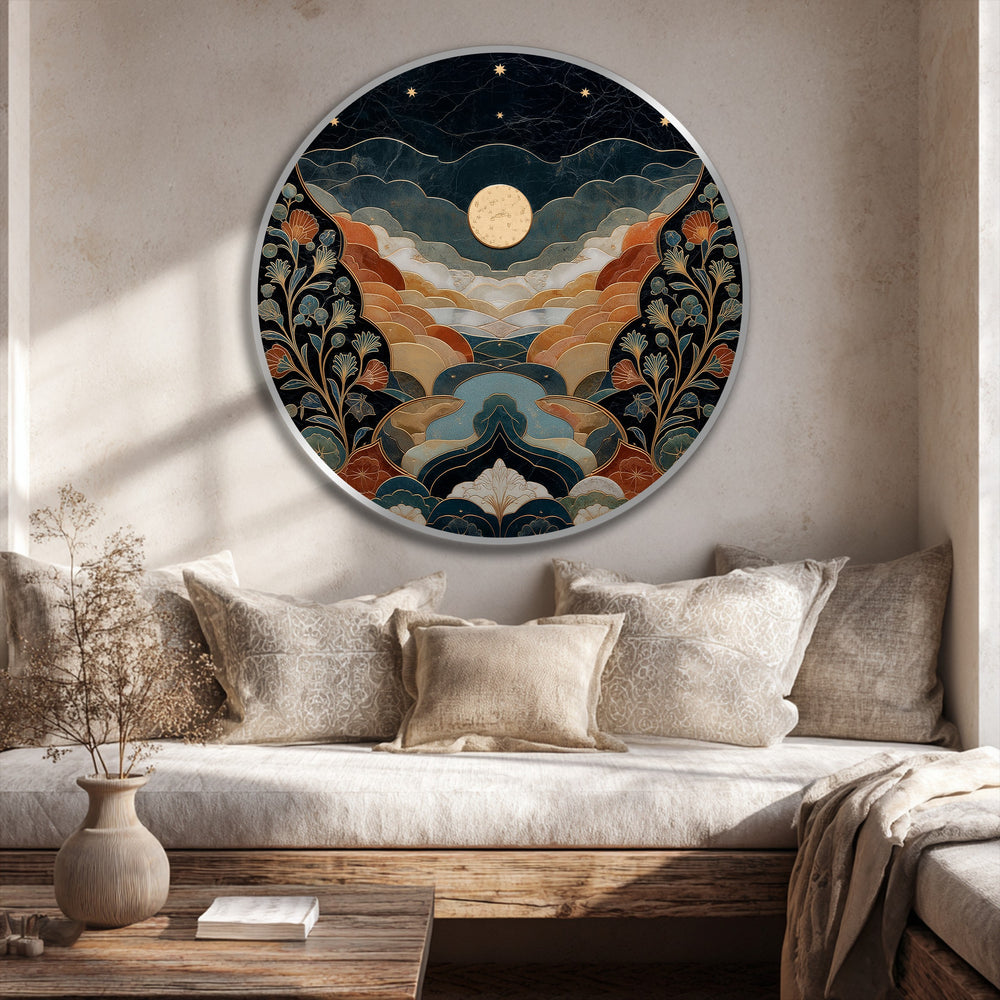 Warm and cool color temperatures contrast in this round oil painting art piece, depicting a moonlit landscape with golden hills and teal accents.