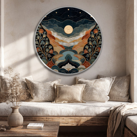Warm and cool color temperatures contrast in this round oil painting art piece, depicting a moonlit landscape with golden hills and teal accents.