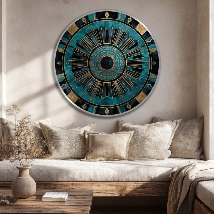 High color contrast defines this radiant teal and gold mandala abstract round oil painting artwork, an eye-catching centerpiece for any room.