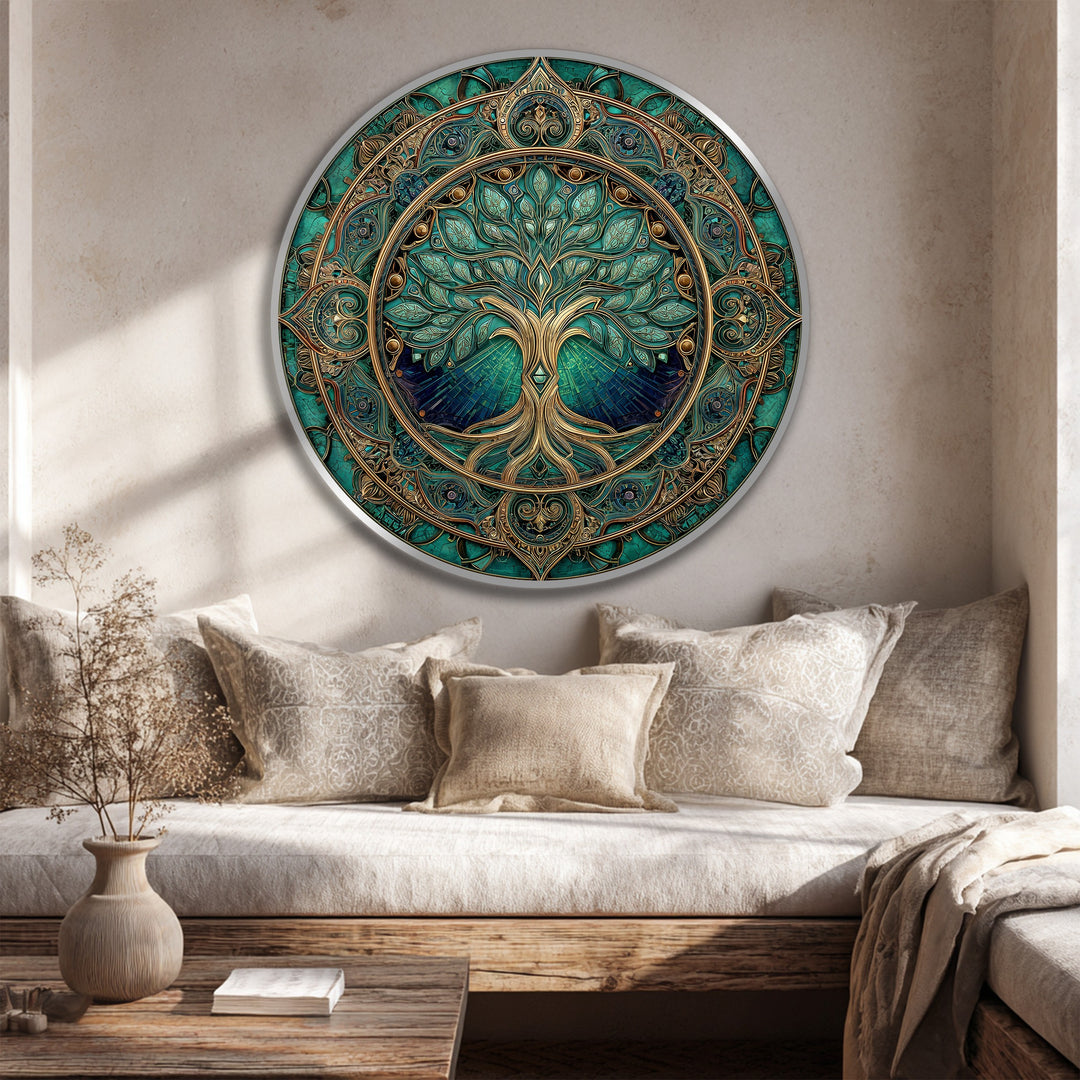 Rays of energy seem to ripple from the Emerald Sacred Tree in this ornate round wooden oil painting home decor, evoking a sense of life.