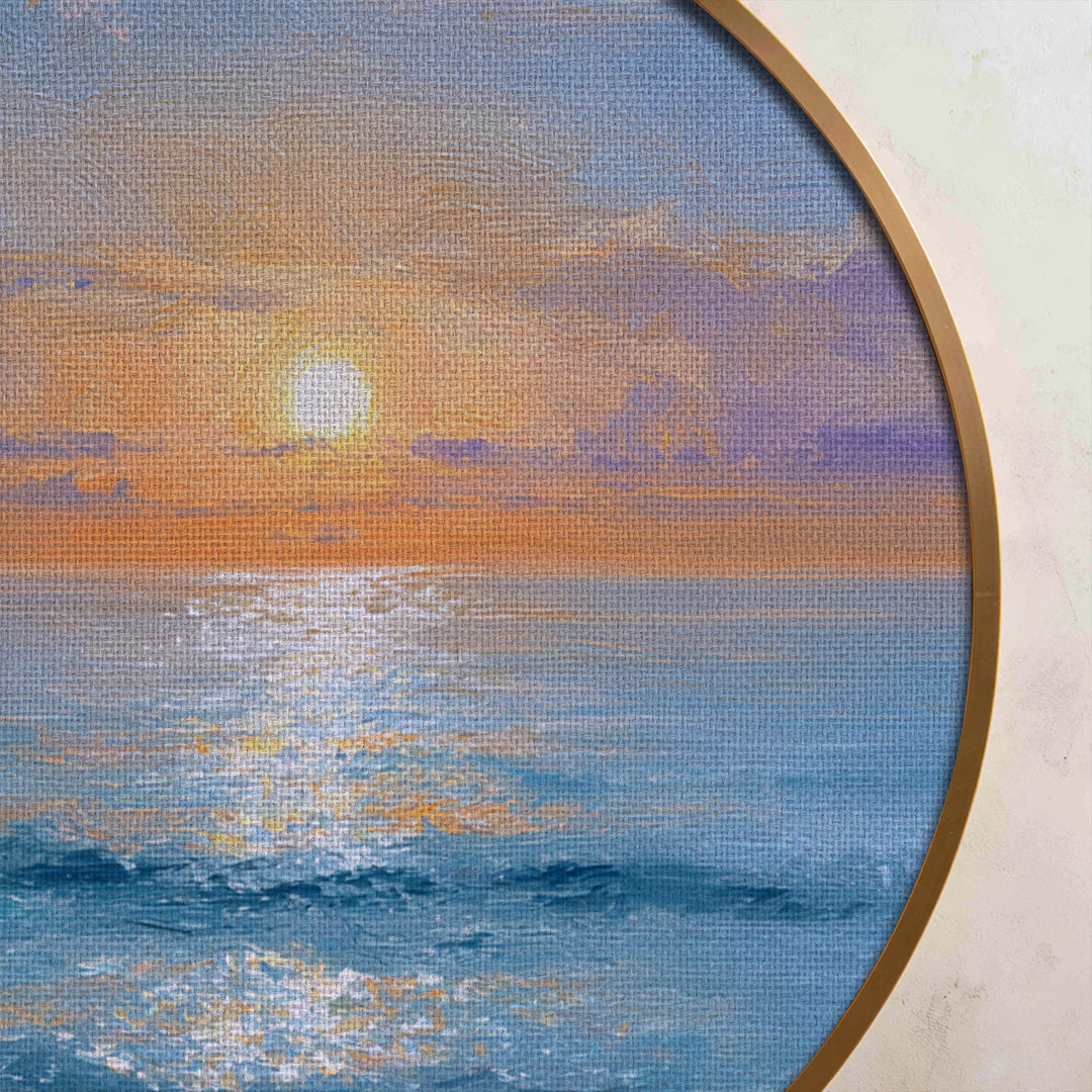 Impression sur toile ronde Lever de soleil doré sur l'océan–Décoration murale côtière sereine