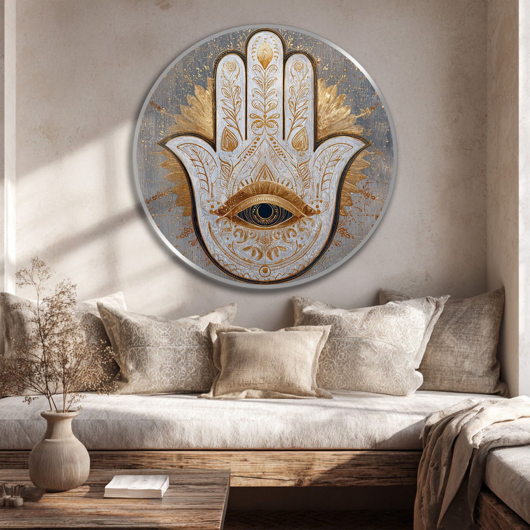 Œil de Hamsa sacré–Rond en bois orné Tableau Peinture à l’huile Art mural