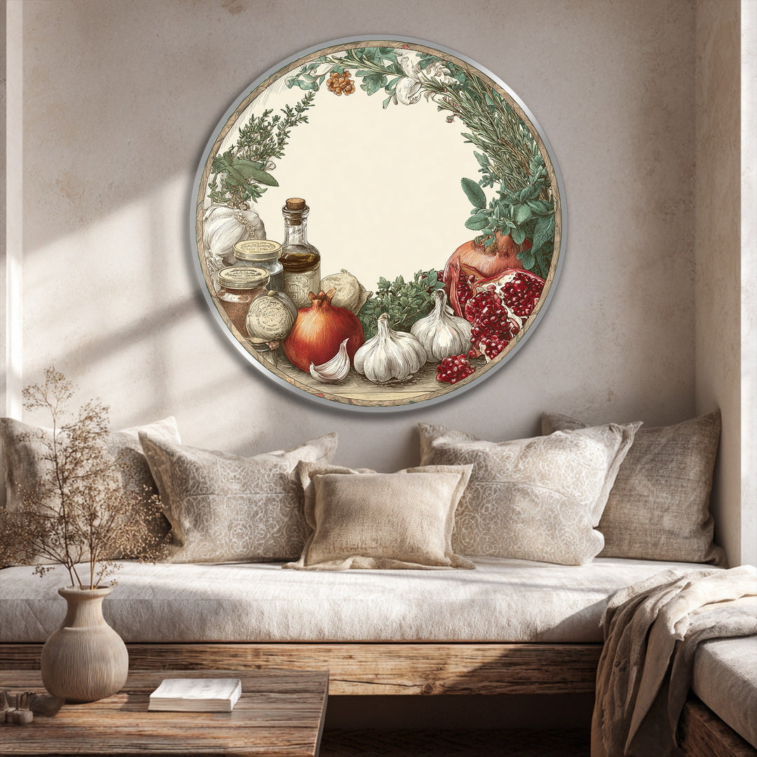 The rustic kitchen harvest with Mediterranean still life features oil painting decoration depicting pomegranates and garlic encircled by herbs.