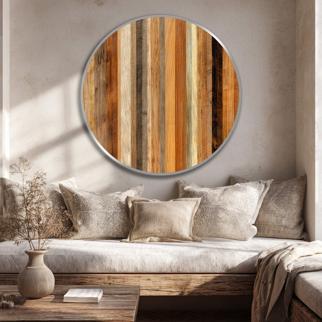 Soft light illuminates the round oil painting wall art, a natural rhythm of wood grain enhanced by the oil painting reproduction print.