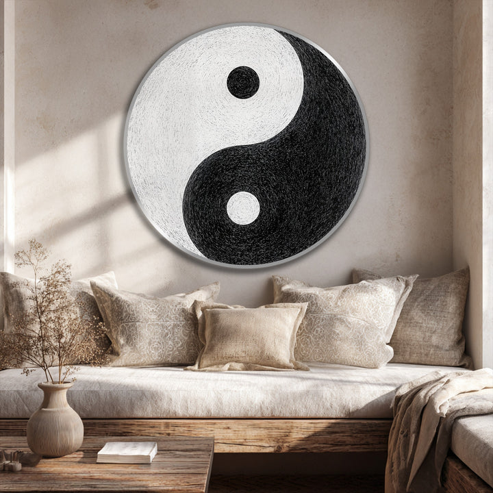 Dominating the room, this round Yin Yang minimalist oil painting creates a focal point with its bold black and white contrast, epitomizing modern oil painting art and harmony.