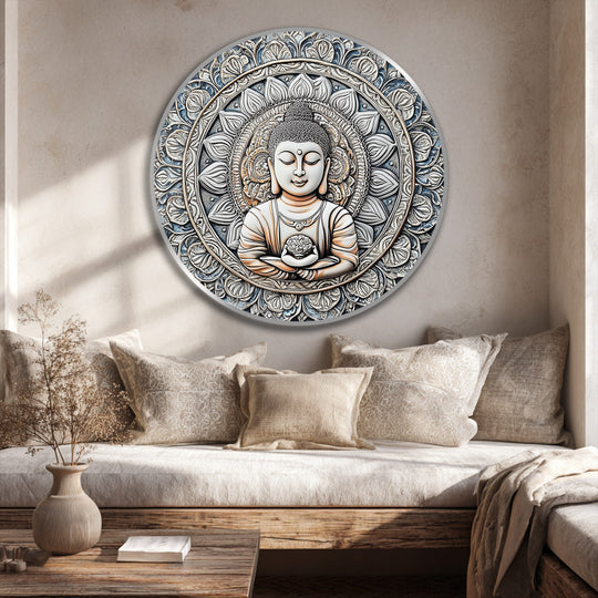 Evident in the organic forms, a round mandala Buddha oil painting home decor displays intricate floral patterns surrounding the serene central figure.