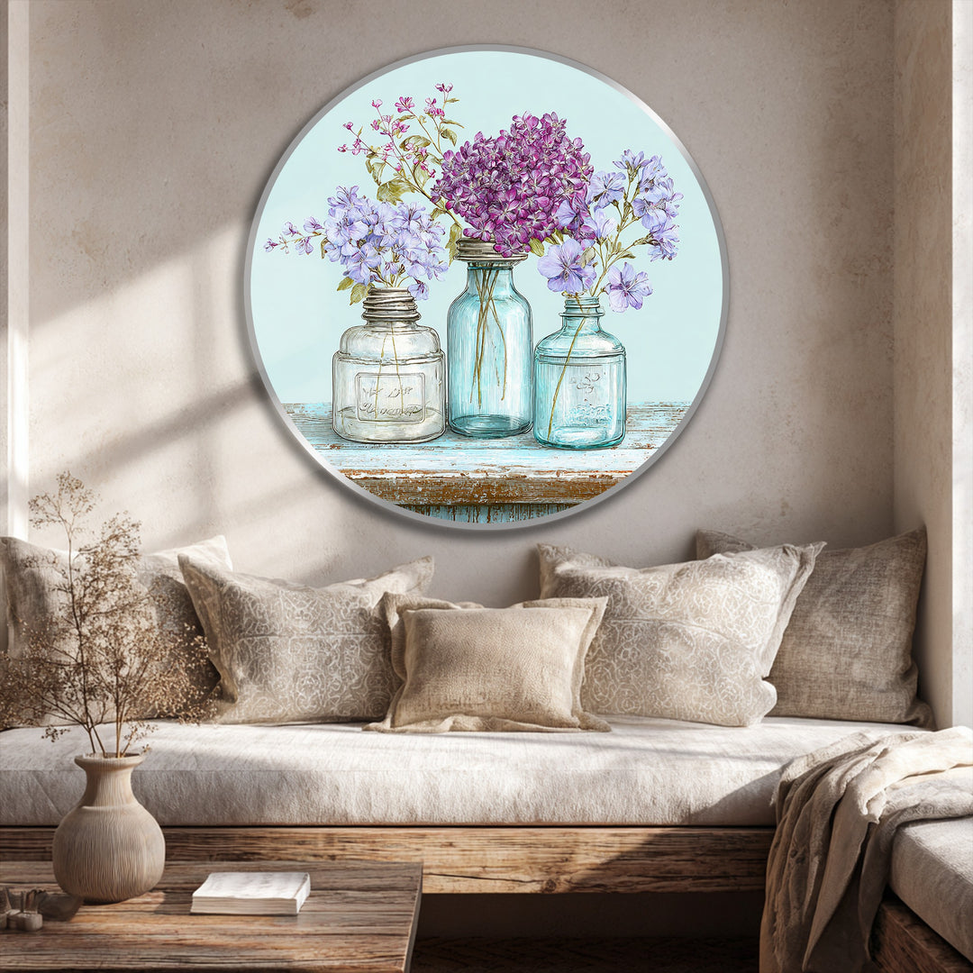 Light plays across the round oil painting decoration, highlighting the pastel wildflower jars with soft shadows enhancing its home decor appeal.