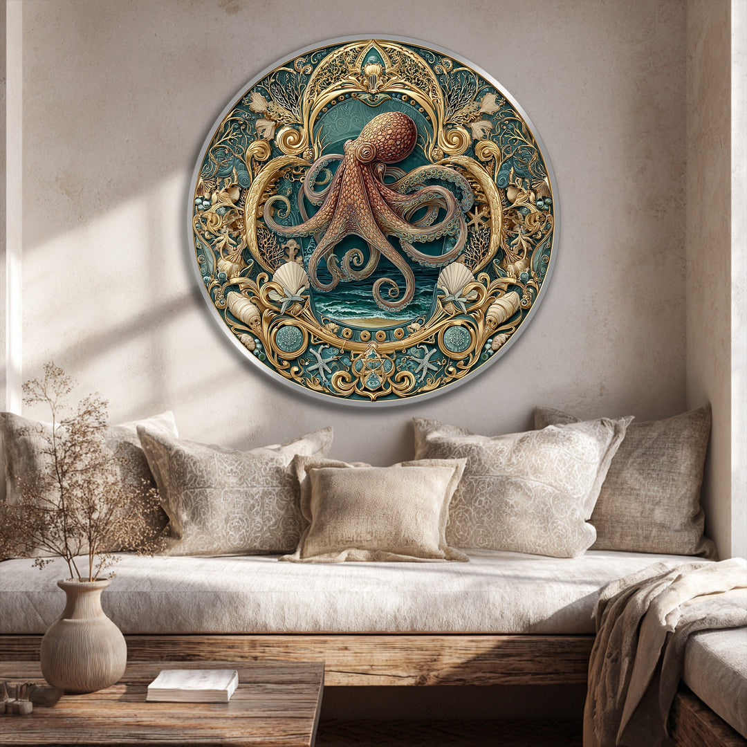 Light and shadow play across this ornate octopus round oil painting, creating depth and emphasizing the modern oil painting art's baroque coastal design.