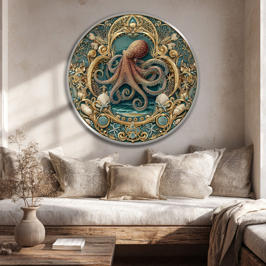 Light and shadow play across this ornate octopus round oil painting, creating depth and emphasizing the modern oil painting art's baroque coastal design.