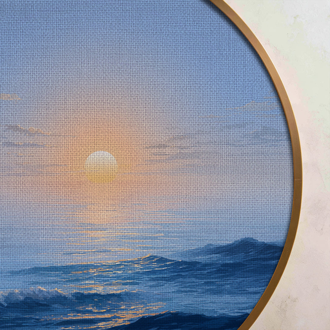 Minimalist Ocean Sunrise Round Canvas Print – Calm Blue Seascape Wall Art