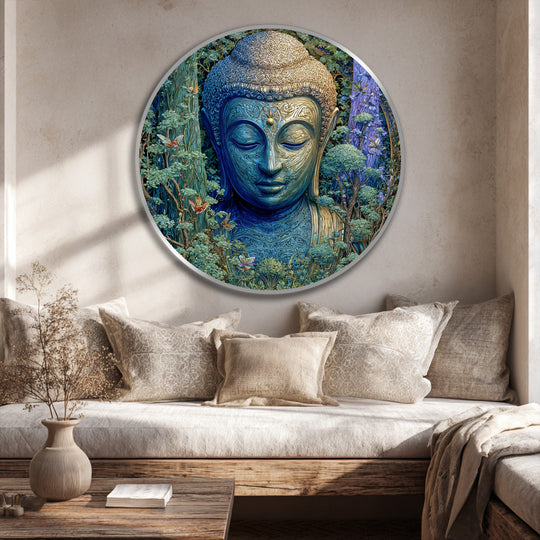 Ethereal brushstrokes create an abstract, dreamlike quality in this round oil painting home decor featuring an emerald Buddha amidst tranquil forest foliage.