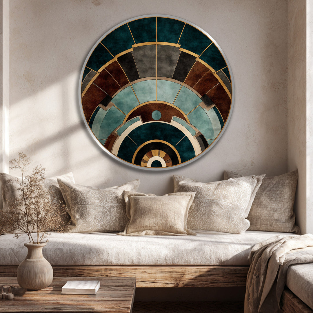 Dominant in shades of teal, brown, and gold, this modern oil painting art features an architectural arcs design within a geometric round wooden frame.