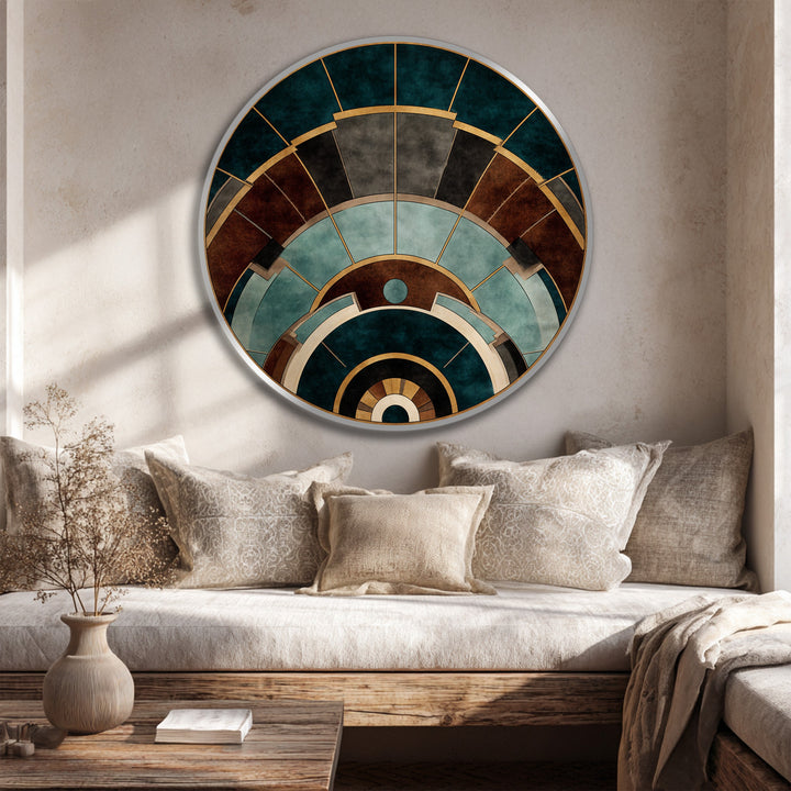 Dominant in shades of teal, brown, and gold, this modern oil painting art features an architectural arcs design within a geometric round wooden frame.