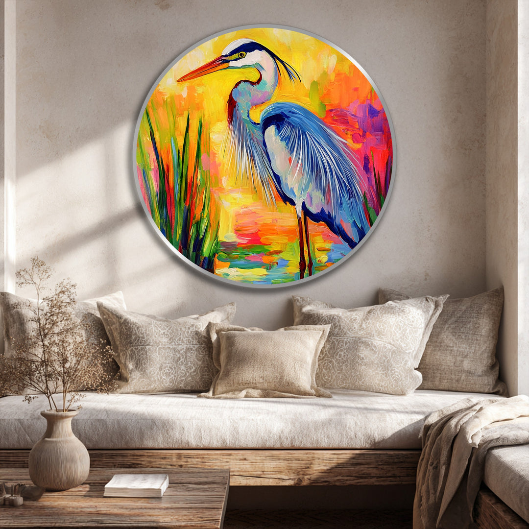 Showcasing a high color saturation, this round oil painting art prints of a radiant marsh with a heron is a bold statement piece.