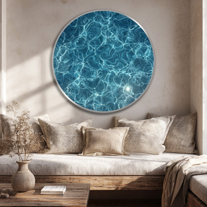 Geometric pattern in this round wall decor showcases the oil painting wall art with luminous blue water texture, bringing a calming effect to any space.