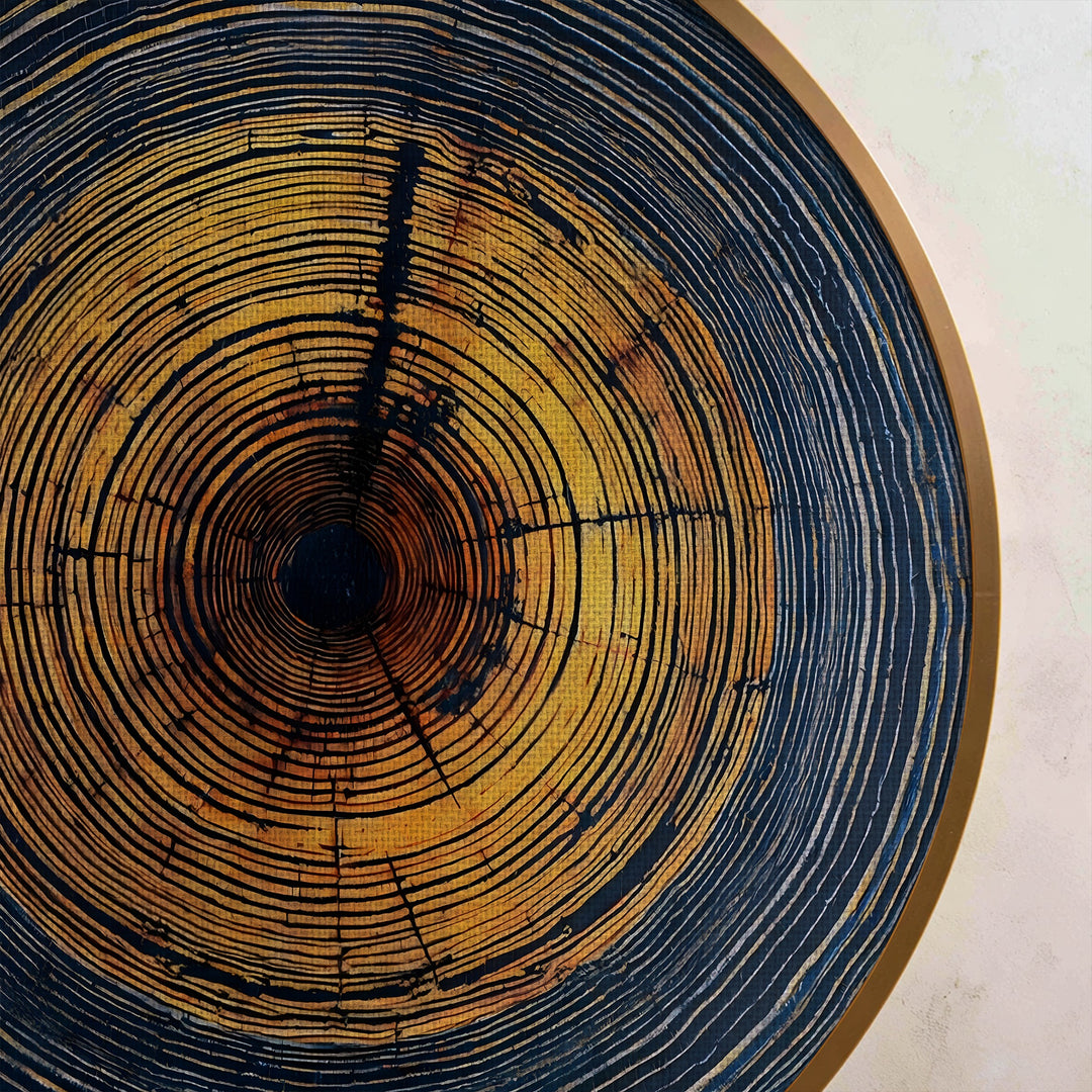 Golden Tree Rings Abstract Round Canvas Print – Wood Slice Wall Art