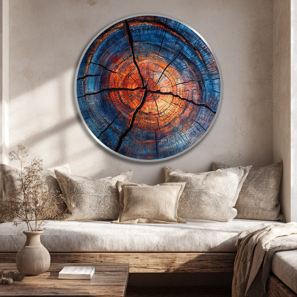 Softly textured, the background enhances the circular, abstract wood ring oil painting wall art with its neutral hues, creating a calming contrast in this setting.