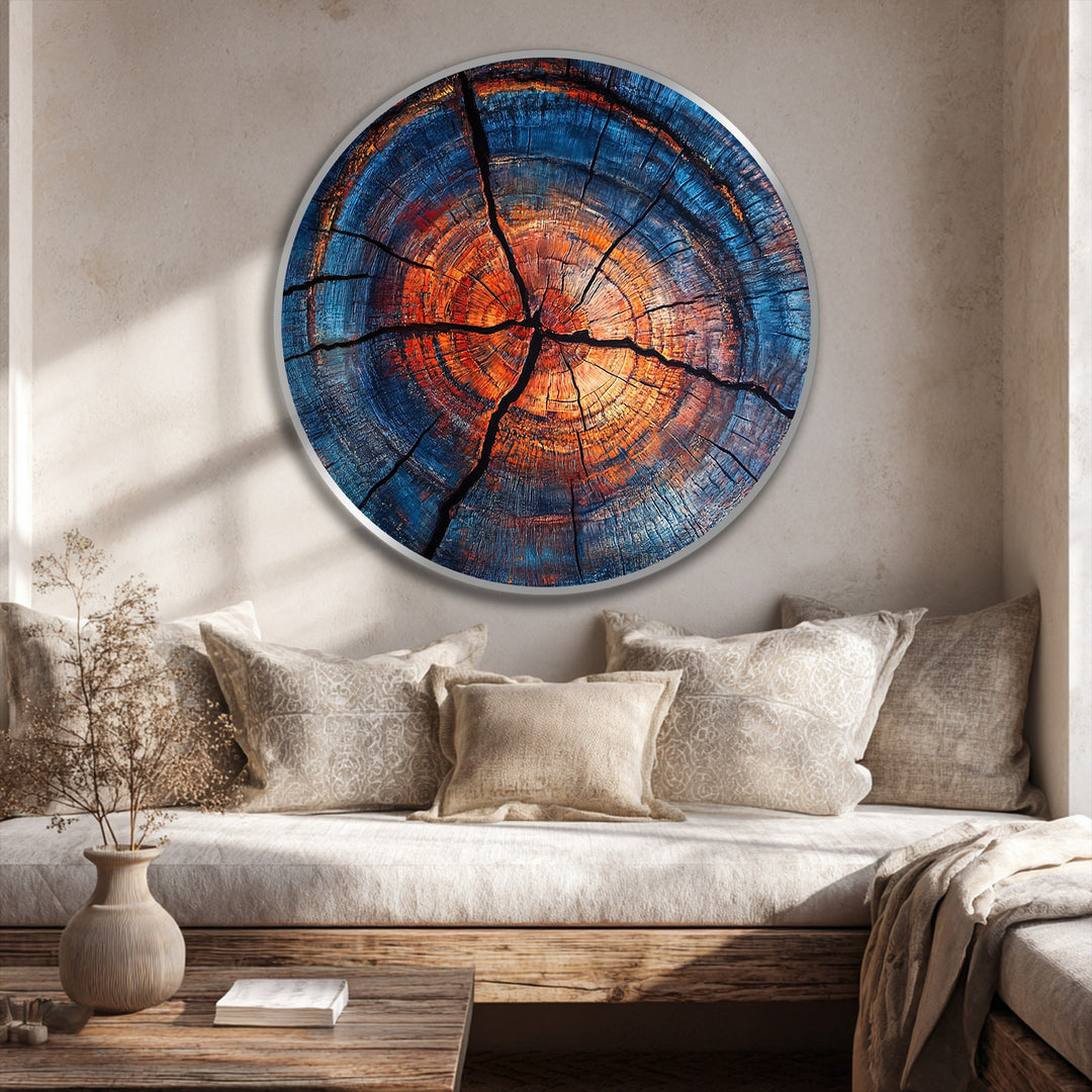 Softly textured, the background enhances the circular, abstract wood ring oil painting wall art with its neutral hues, creating a calming contrast in this setting.