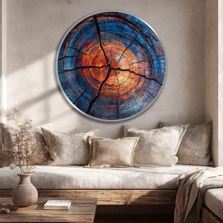Softly textured, the background enhances the circular, abstract wood ring oil painting wall art with its neutral hues, creating a calming contrast in this setting.