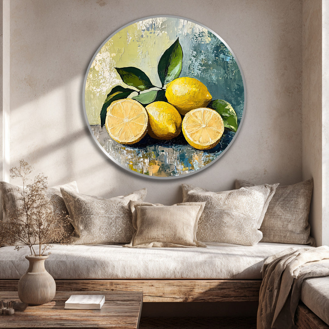 Smooth transition between the bright yellow lemons and the cool, muted blues and greens in this round oil painting art piece creates a striking visual contrast.